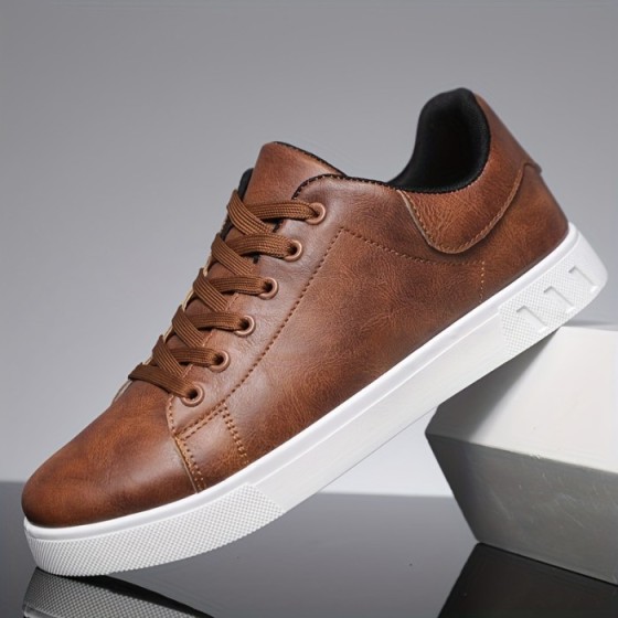 Men's PU Leather Lace-up Skateboard Shoes, Trendy Comfortable Lightweight Non-slip Outdoor Shoes Walking Jogging Sneakers
